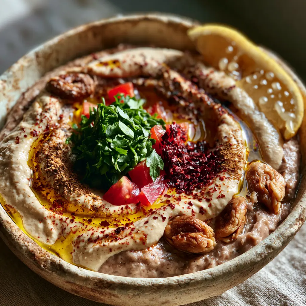 Close-up of Ful medames showing the texture of mashed fava beans and vibrant tomato garnishes.