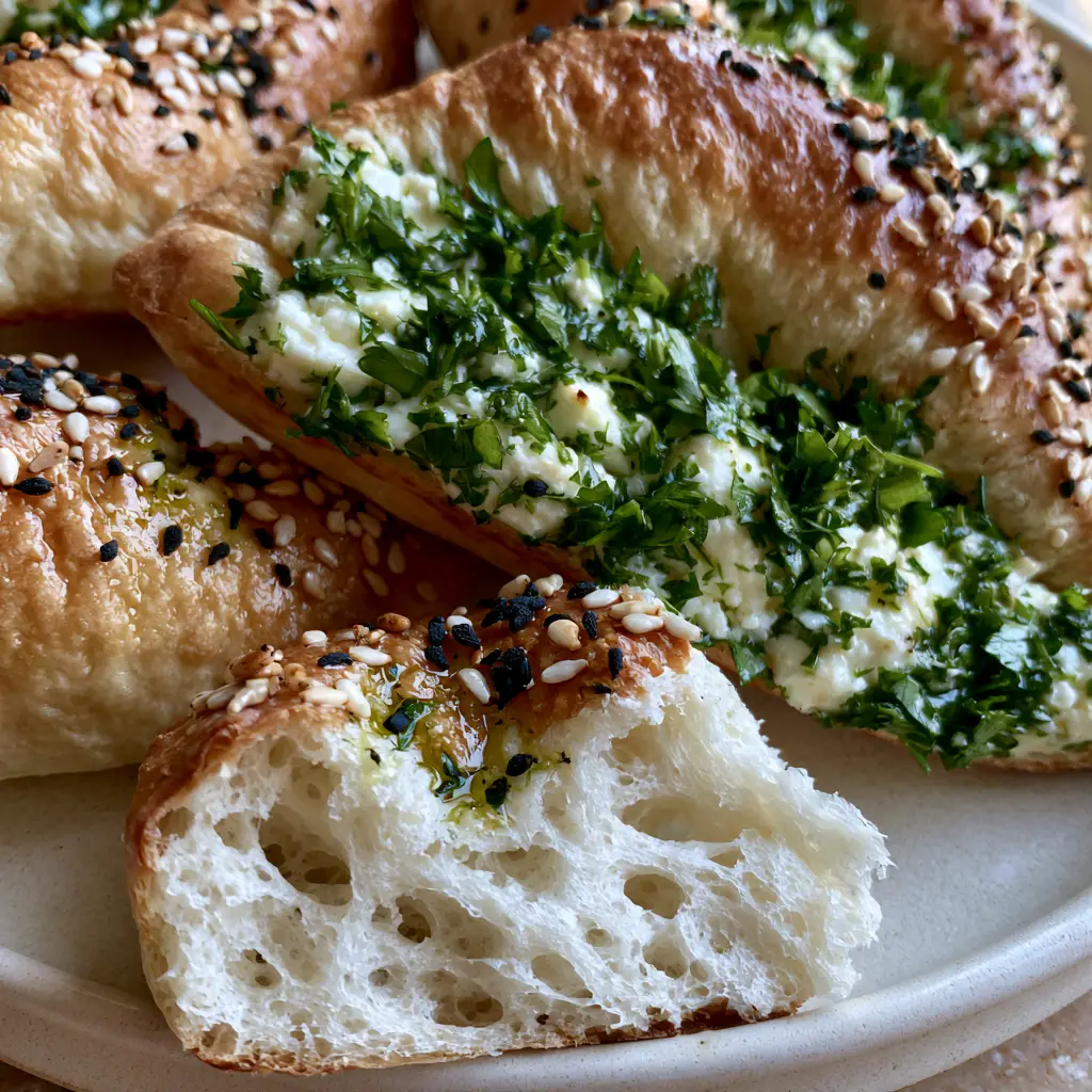 Extreme close-up of a Cheese Fatayer torn open to reveal a steamy, porous white crumb and melted feta cheese.
