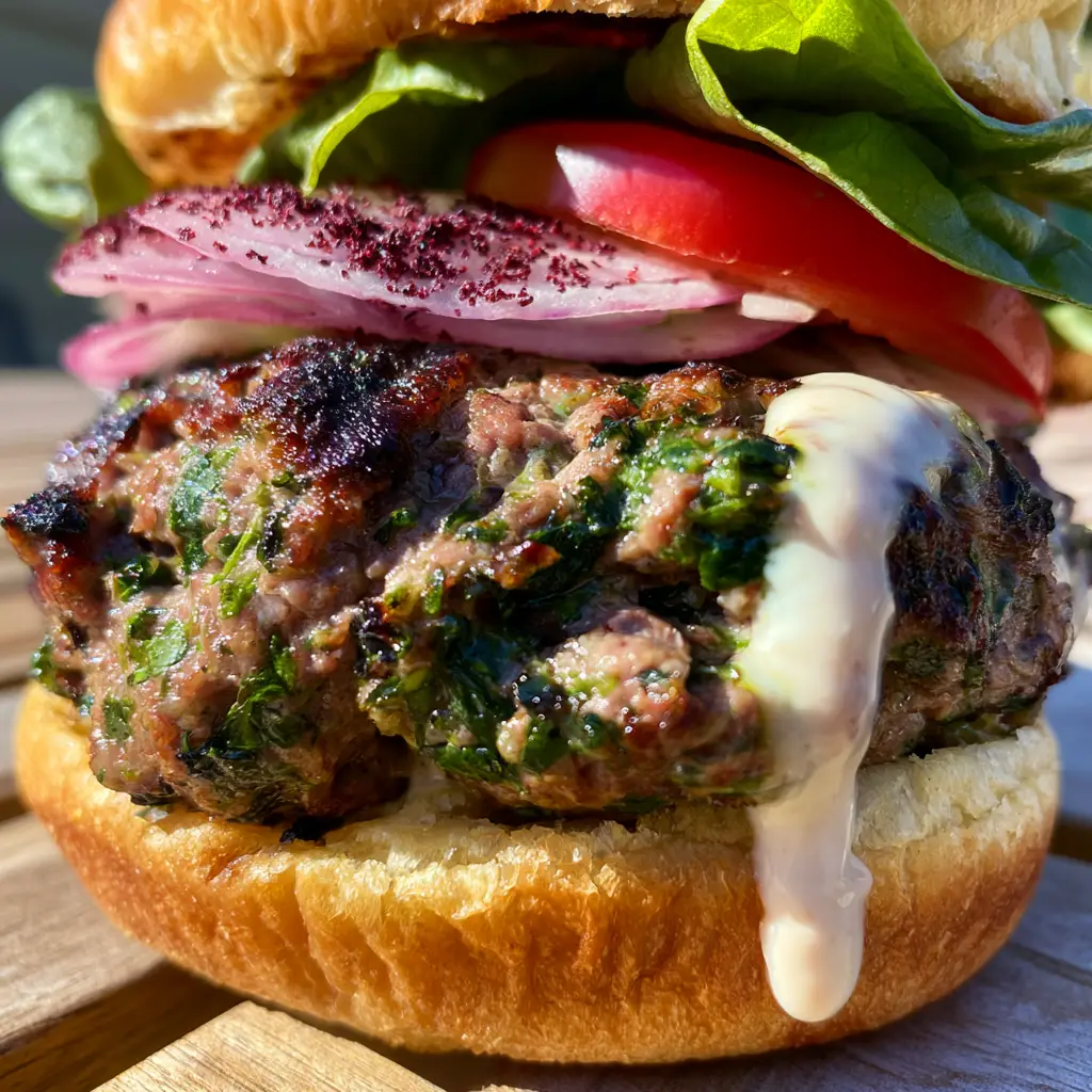 Detailed view of the layers of a Lebanese Kafta Burger, showing the opaque tahini sauce and sumac-dusted red onions.