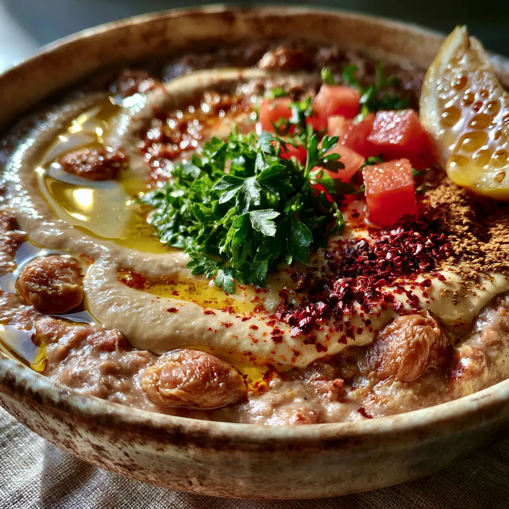 Ful medames served in a rustic bowl with lemon wedges and warm pita bread triangles.