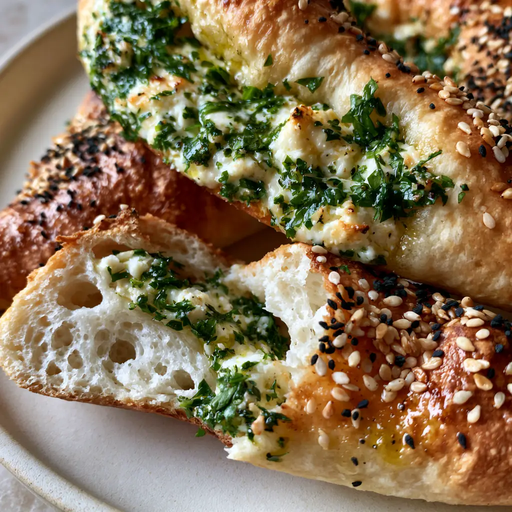 Rustic boat-shaped Cheese Fatayer pastries glistening with olive oil and scattered nigella seeds.