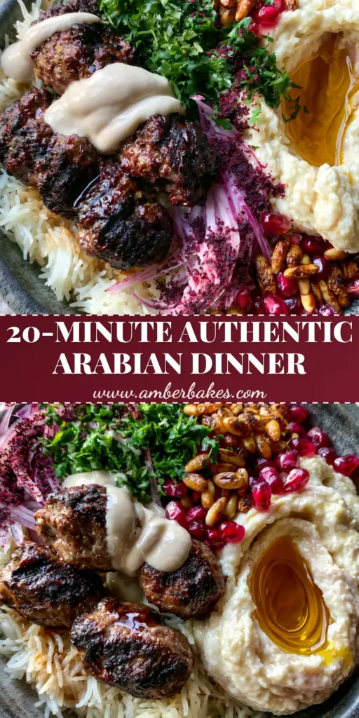 Arabian recipes: The Ultimate Gourmet Kofta Bowl with Succulent Lamb and Creamy Hummus 3 A top-down view of a gourmet lamb kofta bowl with basmati rice, hummus, and sumac onions. (Arabian recipes)