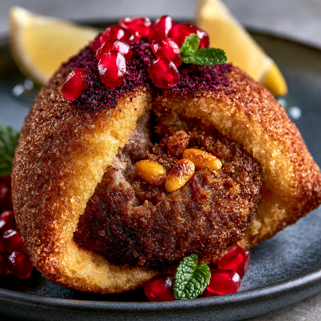 Stuffed Bulgur Balls: The Ultimate Crispy Lebanese Kibbeh Recipe 2 Macro shot of a sliced Stuffed Bulgur Ball showing the thin crispy crust and steaming lamb filling with pine nuts.