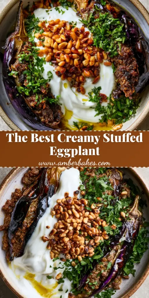 Overhead view of three charred baby eggplants stuffed with ground lamb and topped with thick garlic yogurt in a rustic bowl. (Sheikh El Mahshi recipe)