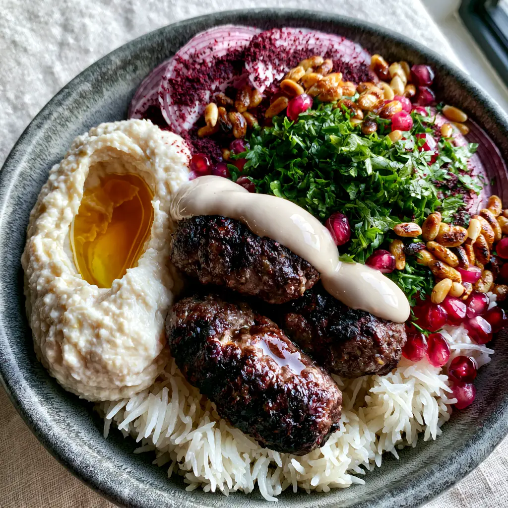 Arabian recipes: The Ultimate Gourmet Kofta Bowl with Succulent Lamb and Creamy Hummus 2 Close up of seared lamb kofta with grill marks and white tahini drizzle. (Arabian recipes)