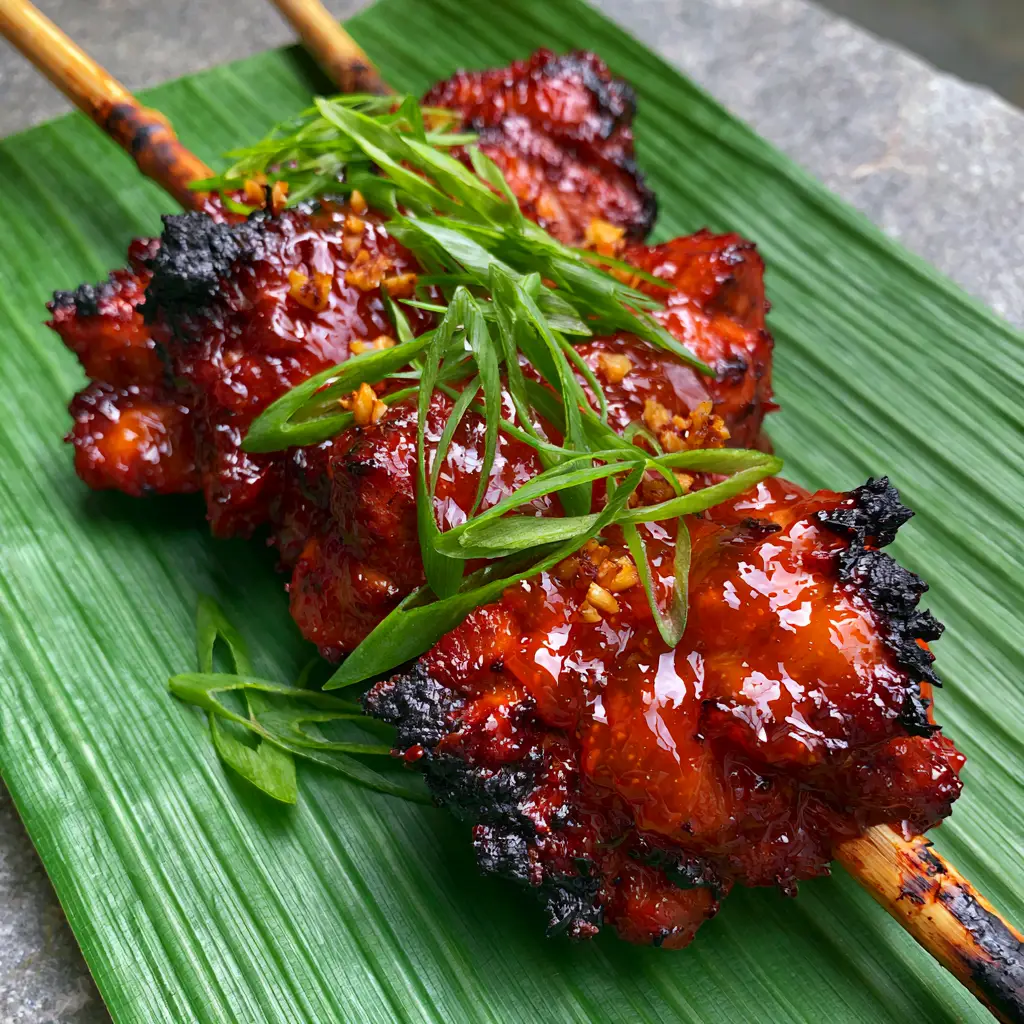 A smartphone-style photo of Filipino chicken barbecue skewers resting on a textured banana leaf with toasted garlic garnish.