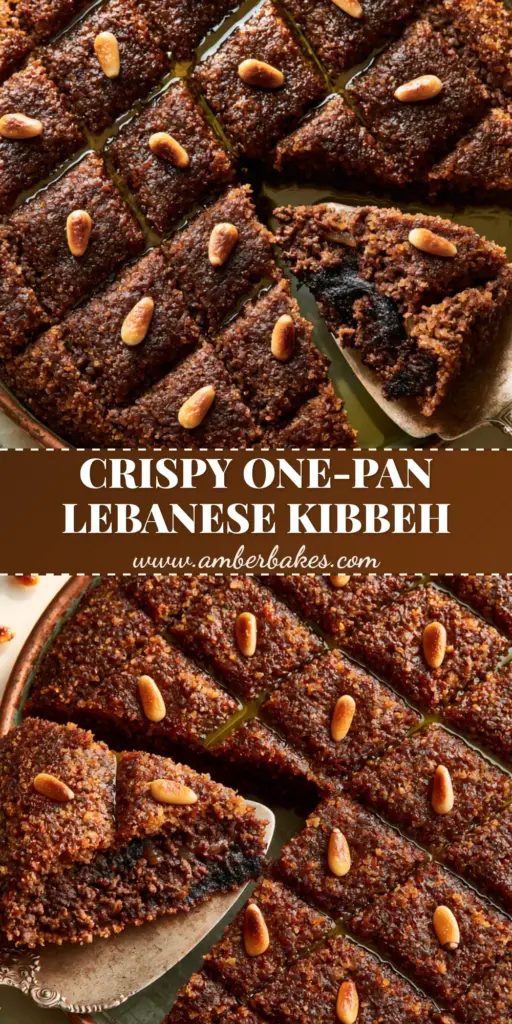 Lebanese Kibbeh Saniyeh: The Ultimate Guide to the Crispy Diamond-Scored Beef and Bulgur Tray 4 A top-down angled shot of Lebanese Kibbeh Saniyeh in a copper pan with diamond scoring and pine nuts, showing a slice being lifted to reveal steaming beef filling.