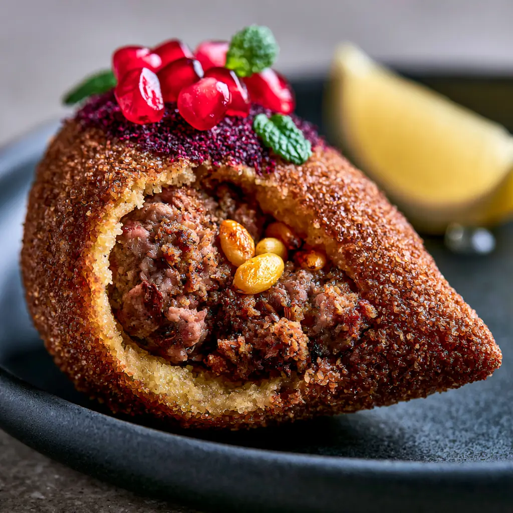 Stuffed Bulgur Balls: The Ultimate Crispy Lebanese Kibbeh Recipe 1 Extreme close-up of the grainy texture of a fried Stuffed Bulgur Ball with sumac and mint garnish.