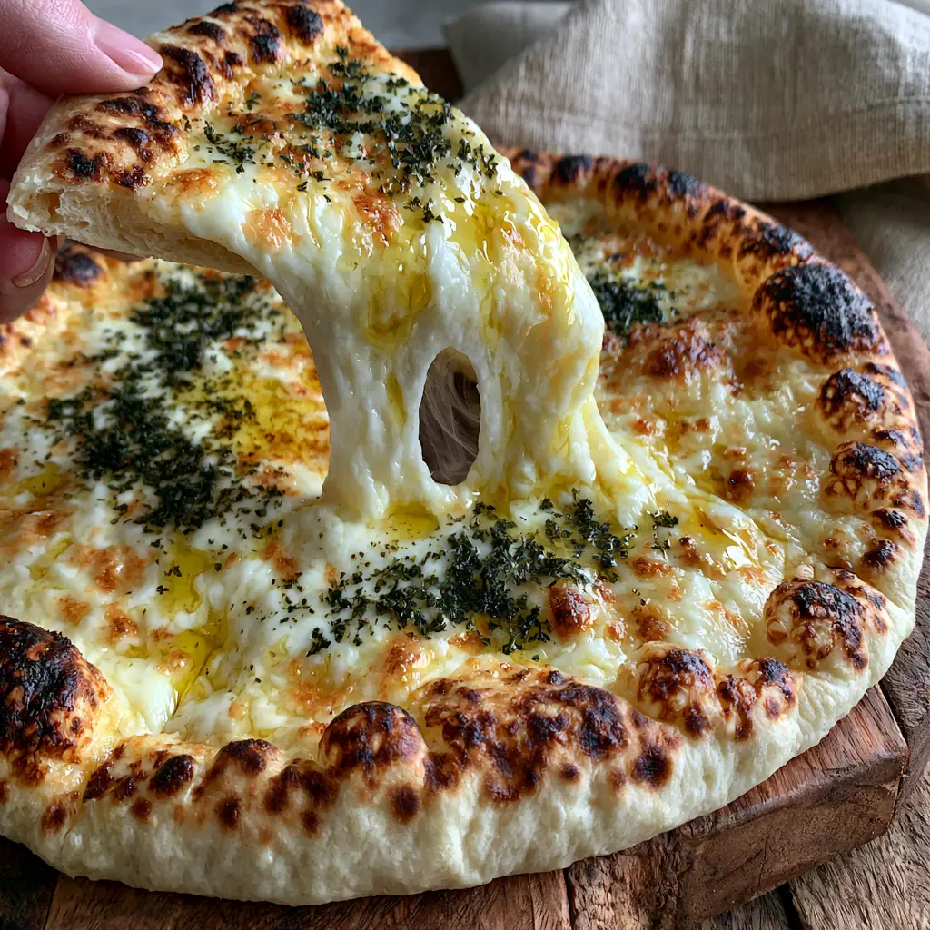 Macro shot of Lebanese Cheese Manakish showing charred leopard spots on pillowy dough edges.