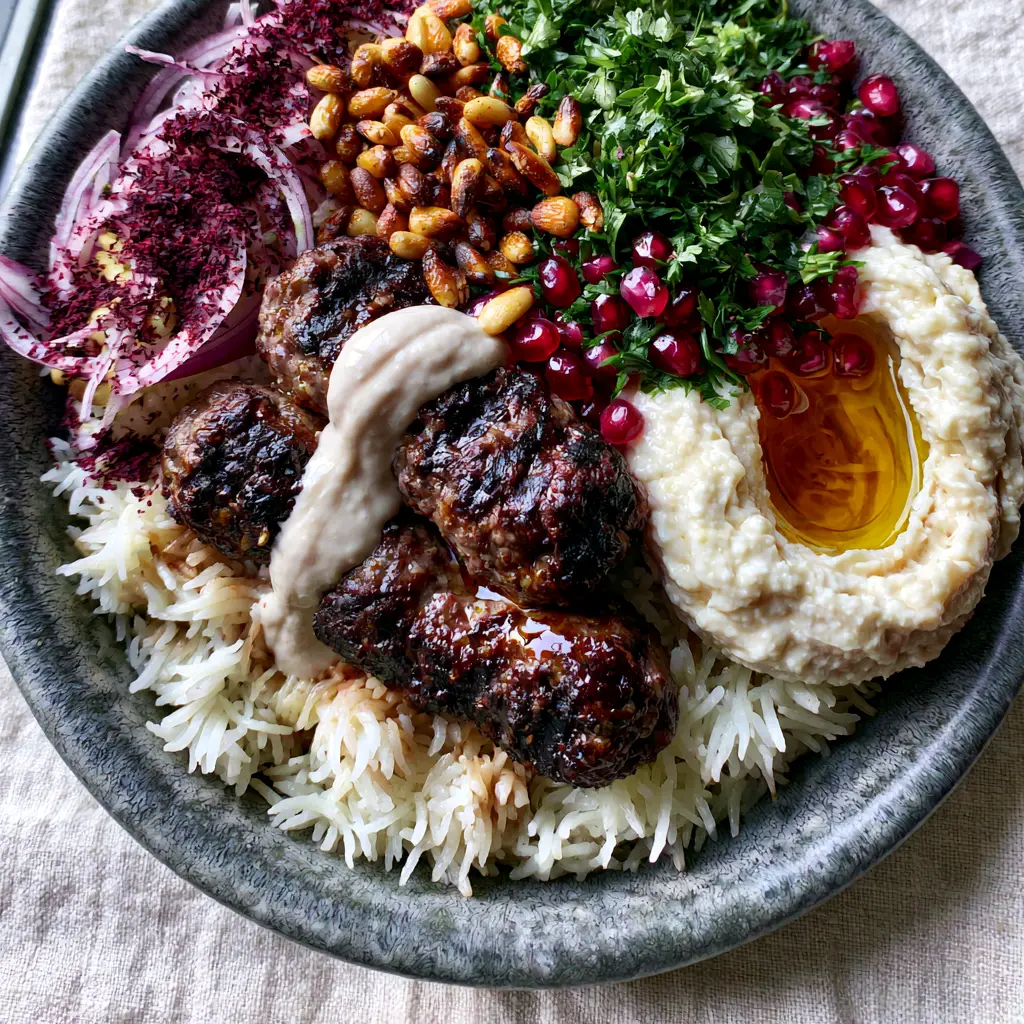 Arabian recipes: The Ultimate Gourmet Kofta Bowl with Succulent Lamb and Creamy Hummus 1 Creamy ivory hummus with a golden olive oil well and ruby pomegranate seeds.