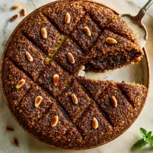 Rustic copper baking pan filled with golden-brown Lebanese Kibbeh, featuring precise diamond scoring and a toasted pine nut in each section.