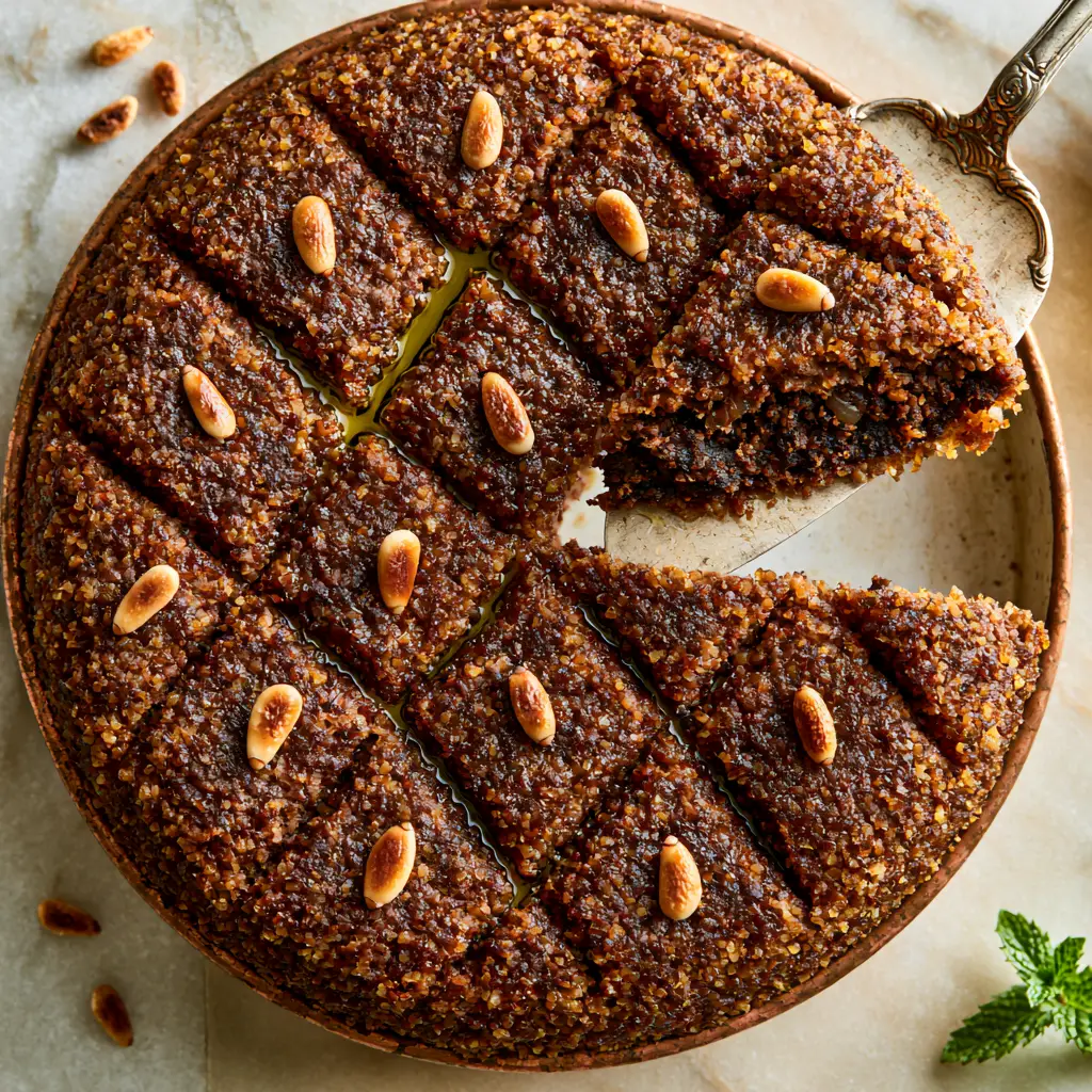 Lebanese Kibbeh Saniyeh: The Ultimate Guide to the Crispy Diamond-Scored Beef and Bulgur Tray 2 Rustic copper baking pan filled with golden-brown Lebanese Kibbeh, featuring precise diamond scoring and a toasted pine nut in each section.