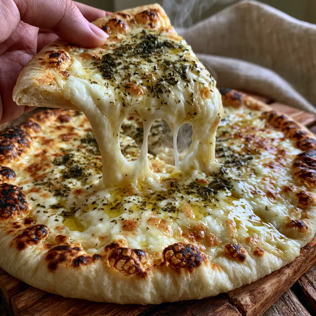 Cheese Manakish on a rustic wooden board with steam rising and olive oil glistening.
