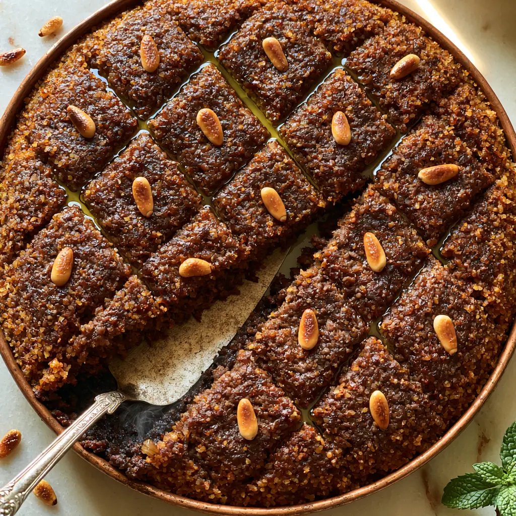 Lebanese Kibbeh Saniyeh: The Ultimate Guide to the Crispy Diamond-Scored Beef and Bulgur Tray 1 Close-up of a Lebanese Kibbeh slice being served, showing the steaming interior of spiced beef and onions on a marble background with fresh mint.
