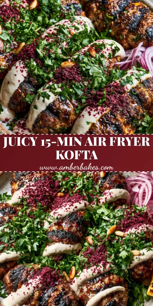 Top-down view of five oval Lebanese Kofta kebabs on a grey rustic plate with tahini drizzle, sumac, and parsley. (Lebanese Kofta)