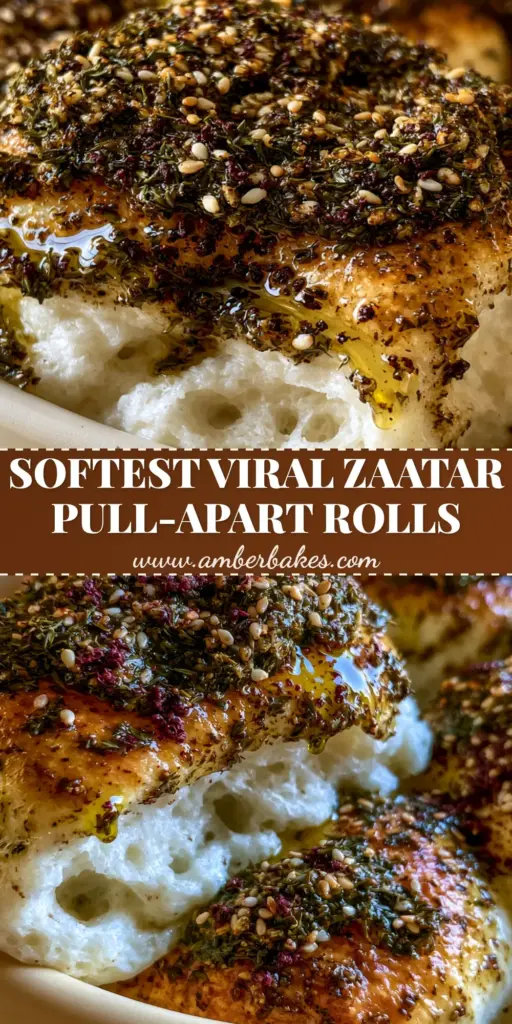 A close-up view of a cluster of golden-brown zaatar rolls in a ceramic dish, topped with a rich green herb paste and sesame seeds.