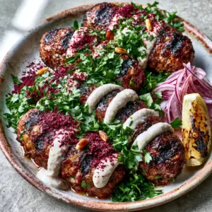 Close-up of charred Lebanese Kofta showing glossy meat juices and artful tahini zig-zags. (Lebanese Kofta)