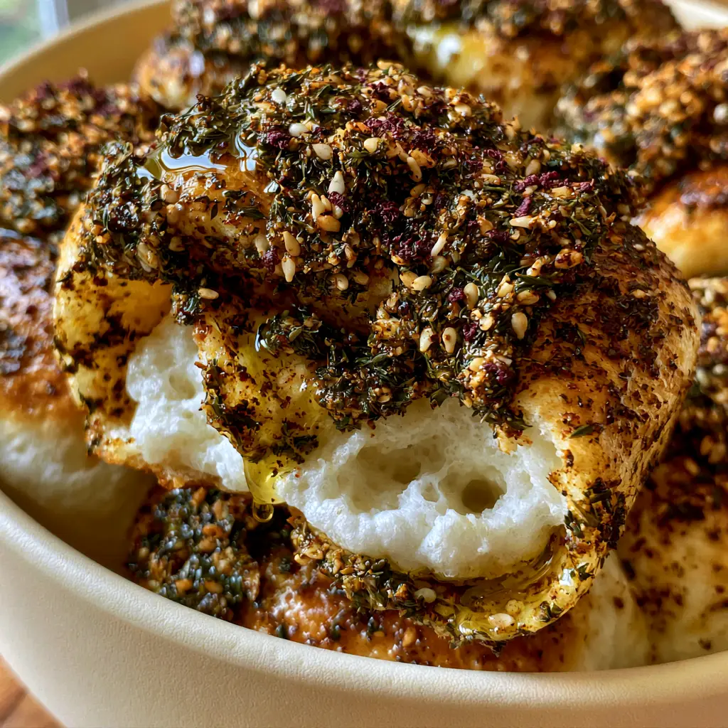 Macro close-up of a single zaatar roll being pulled away, showing the steaming fluffy white interior and air pockets.
