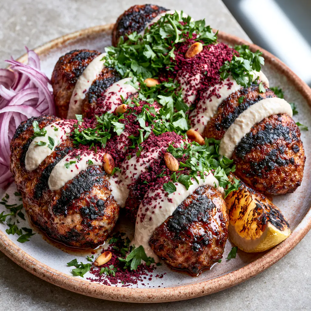 Lebanese Kofta served with thinly sliced red onions, toasted pine nuts, and a charred lemon wedge on a rustic ceramic plate.