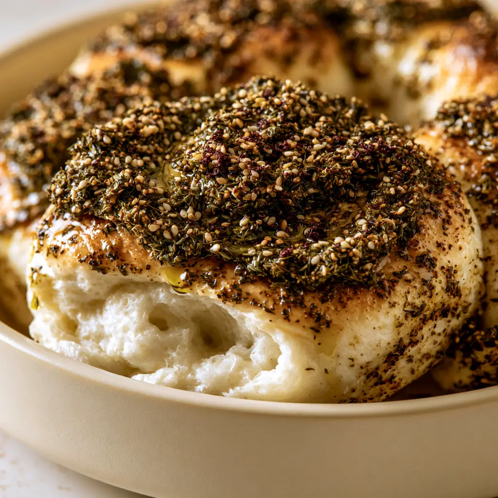 Close-up of the zaatar roll crust showing glistening extra virgin olive oil, toasted sesame seeds, and burgundy sumac flecks.