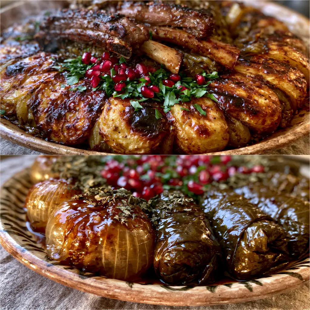 Extreme close-up of mahogany glazed grape leaves and ruby pomegranate arils. (Iraqi recipes)
