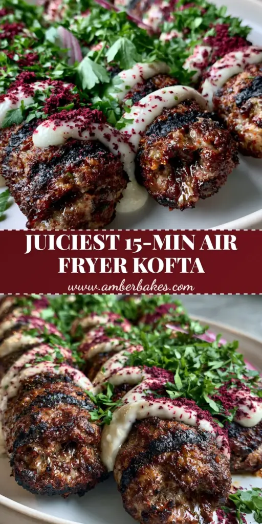 Three juicy elongated Middle Eastern Kofta kebabs on a white plate with garlic sauce drizzle and sumac.