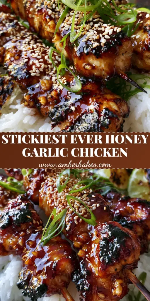 A vertical shot of Honey garlic chicken skewers on a bed of rice, showing the deep amber sticky glaze and charred edges with sesame seeds.