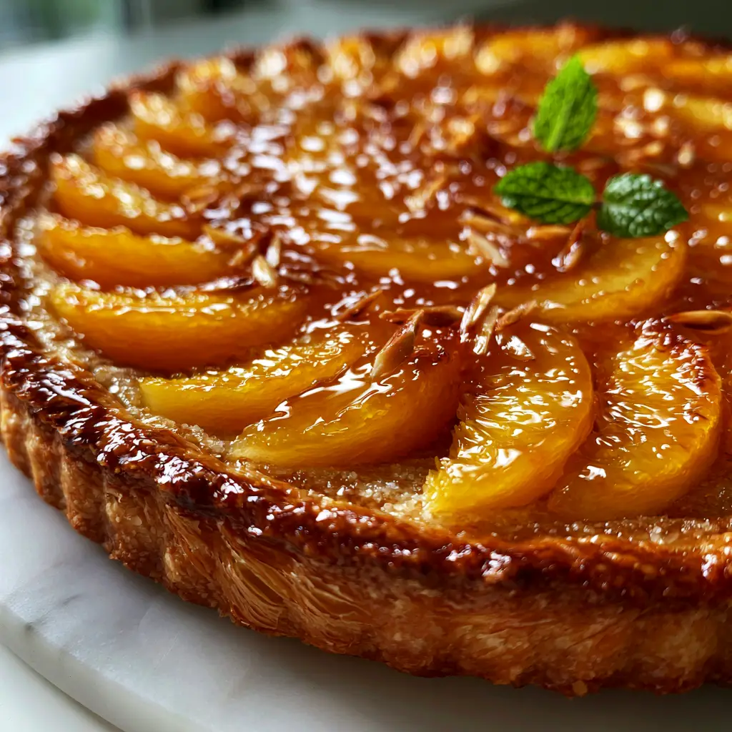 High-angle view of a French Peach Tart with a thick apricot glaze and mint garnish on a marble countertop.