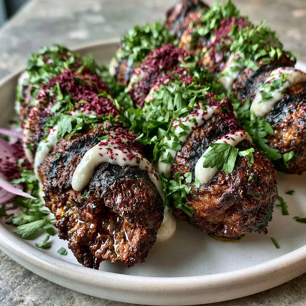 Smartphone photo of three Middle Eastern Kofta kebabs garnished with parsley and red onions on a stone background.