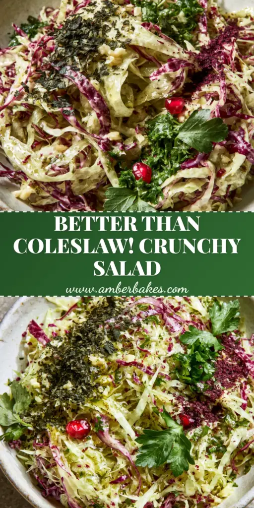 A top-down macro shot of Lebanese cabbage salad with glistening lemon dressing, pomegranate seeds, and sumac in a rustic bowl.