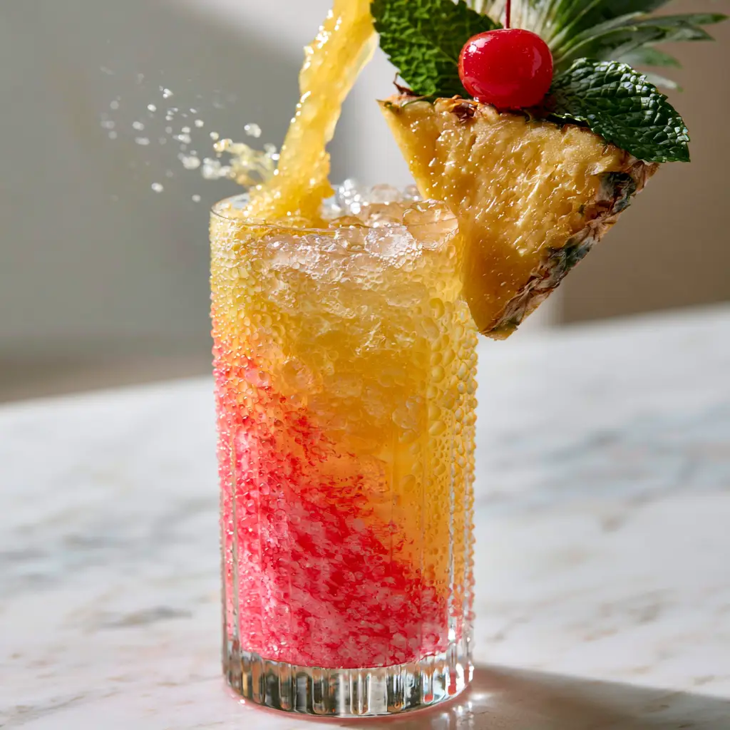 Close up of pineapple juice pouring into a glass with pebble ice and Malibu Rum drinks base.