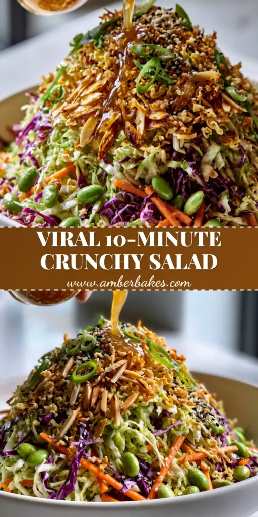A vibrant Asian Cabbage Salad with shredded napa and red cabbage, edamame, and crispy ramen noodles in a white bowl. (Asian Cabbage Salad)