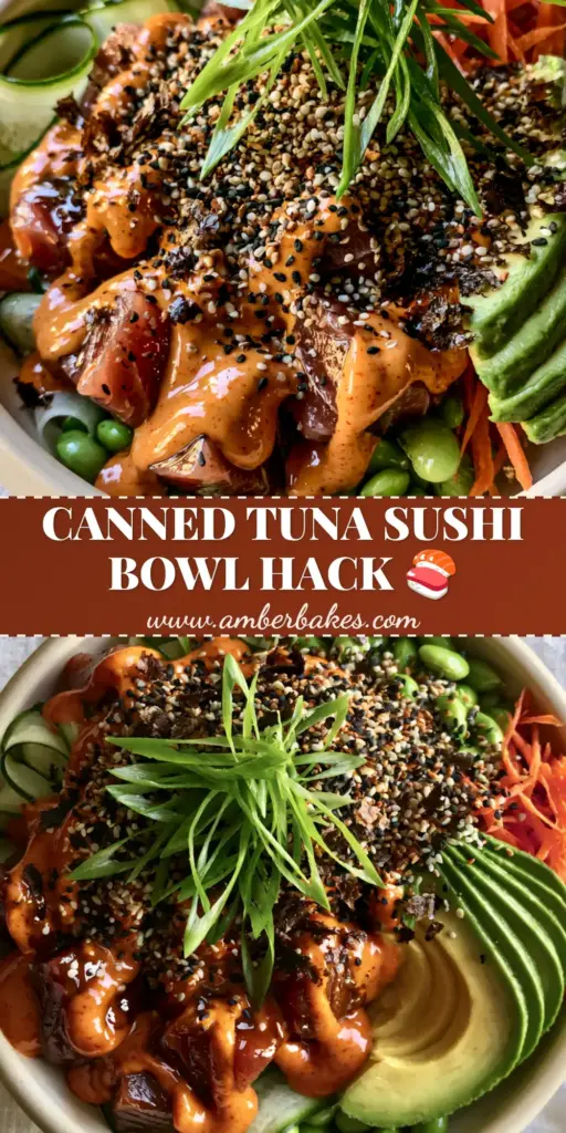 A macro overhead shot of a gourmet tuna avocado bowl in a cream ceramic dish with fanned avocado and sriracha aioli.