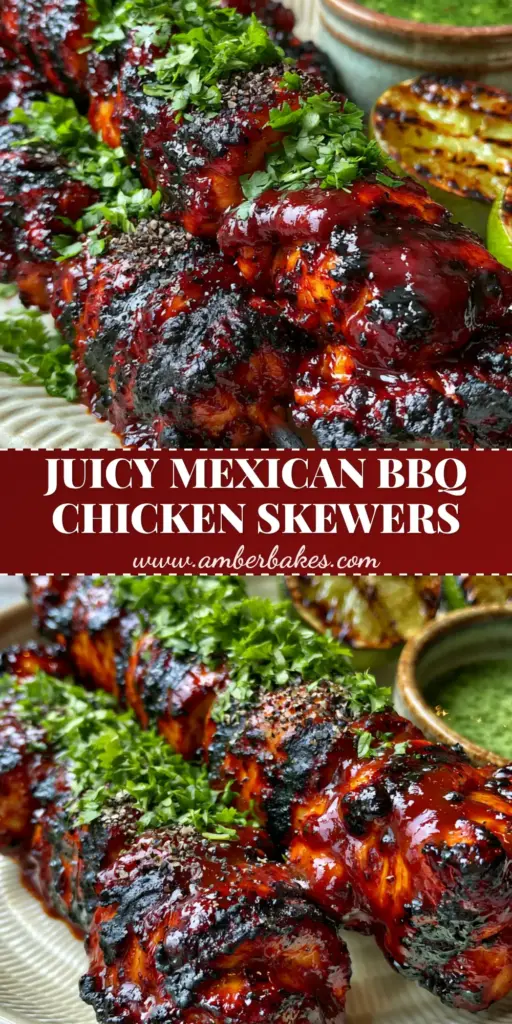 Three Mexican Barbecue Chicken Skewers on a cream plate with glossy mahogany glaze, charred limes, and vibrant green cilantro lime sauce.