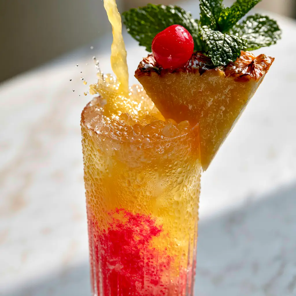 Ribbed glass covered in heavy condensation featuring a maraschino cherry and mint sprig. (Malibu Rum drinks)