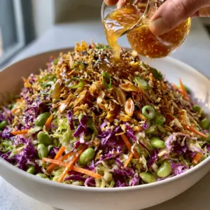 Hand drizzling thick glossy amber sesame ginger dressing over a mountain of Asian Cabbage Salad. (Asian Cabbage Salad)