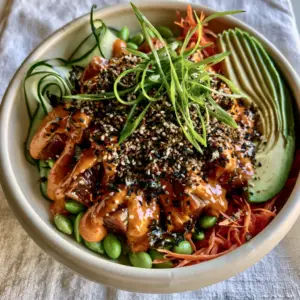 Close up of flaky tuna chunks coated in orange sriracha aioli in a tuna avocado bowl.
