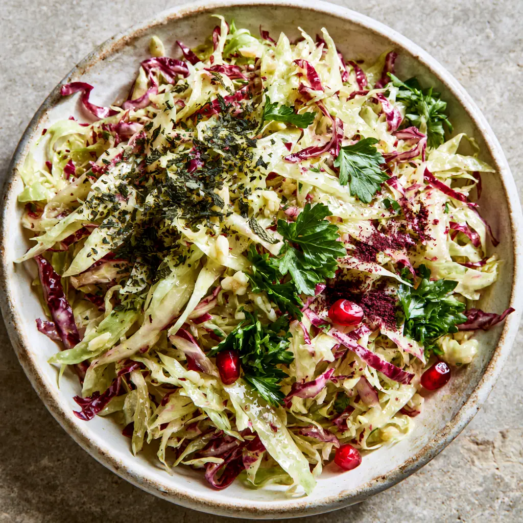 Rustic white bowl containing vibrant Lebanese cabbage salad topped with emerald parsley, burgundy sumac, and red pomegranate seeds.