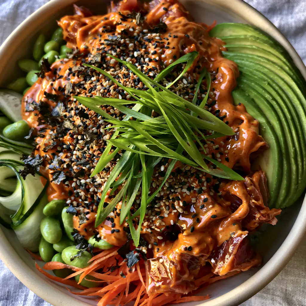 Overhead view of a sushi-style tuna avocado bowl with cucumber ribbons and edamame.