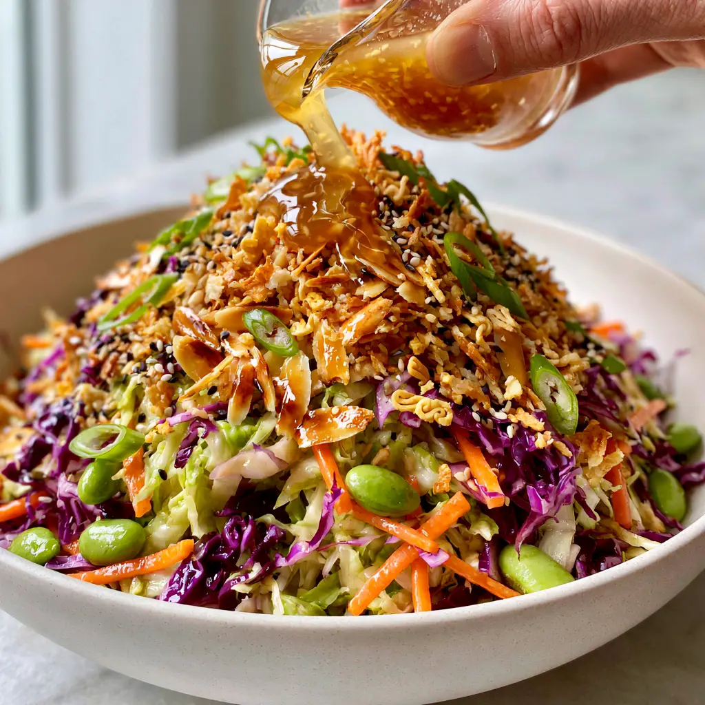 Close-up of toasted golden-brown ramen noodles and almond slivers on an Asian Cabbage Salad. (Asian Cabbage Salad)