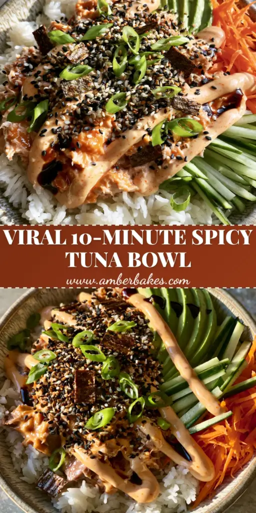 A top-down 45-degree angle shot of a vibrant spicy tuna bowl with fanned avocado and sriracha mayo drizzle.