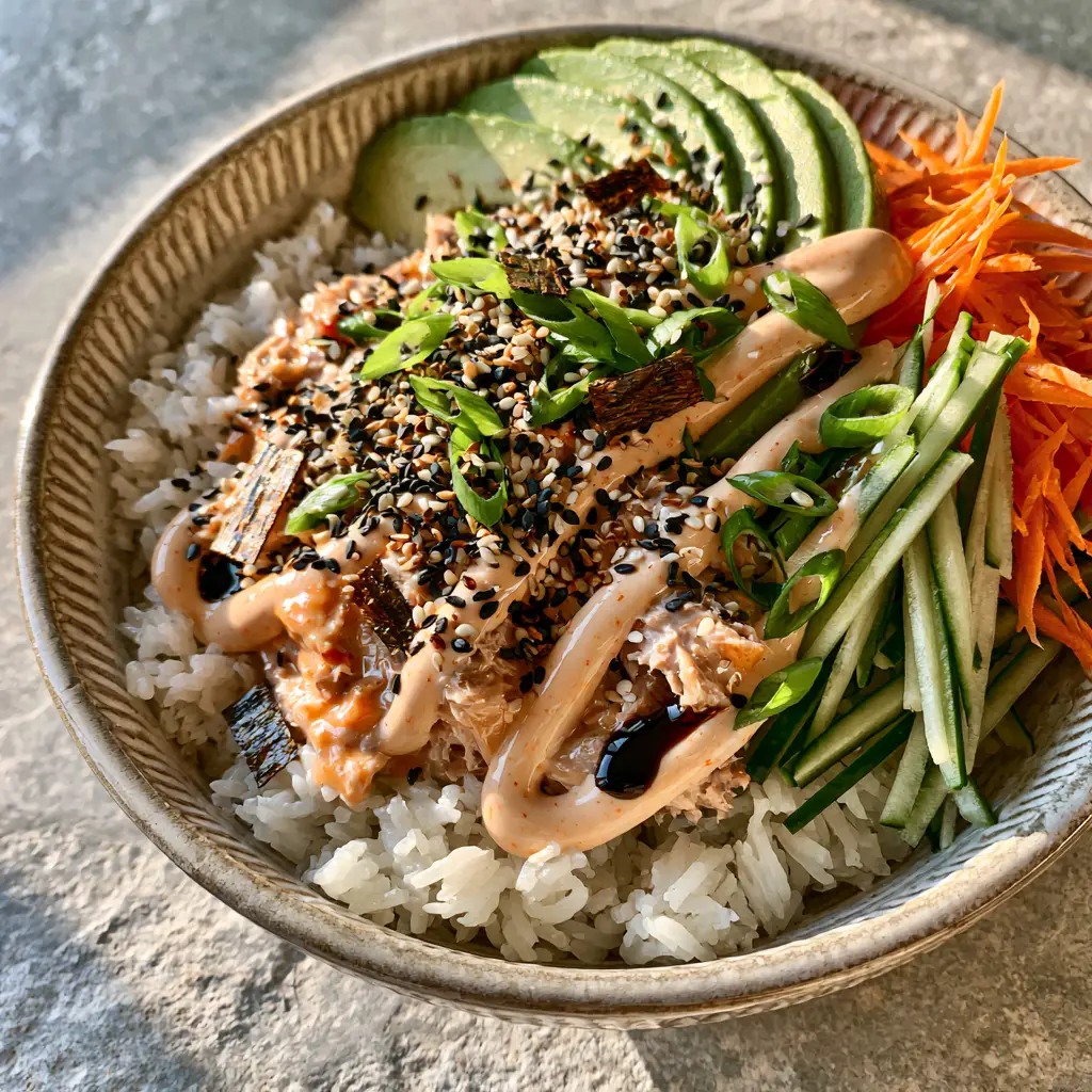 A steaming bowl of jasmine rice topped with shredded carrots and nori strips for a spicy tuna bowl.