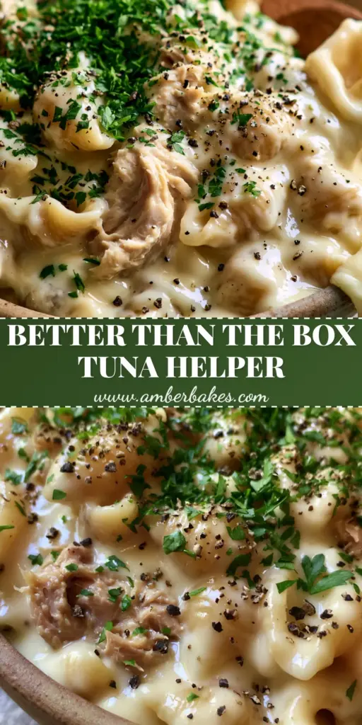 Homemade Tuna Helper with Glossy White Cheddar and Flaky Albacore 4 A rustic bowl of homemade tuna helper featuring creamy white cheddar shells, large albacore chunks, and fresh parsley with a cheese pull.