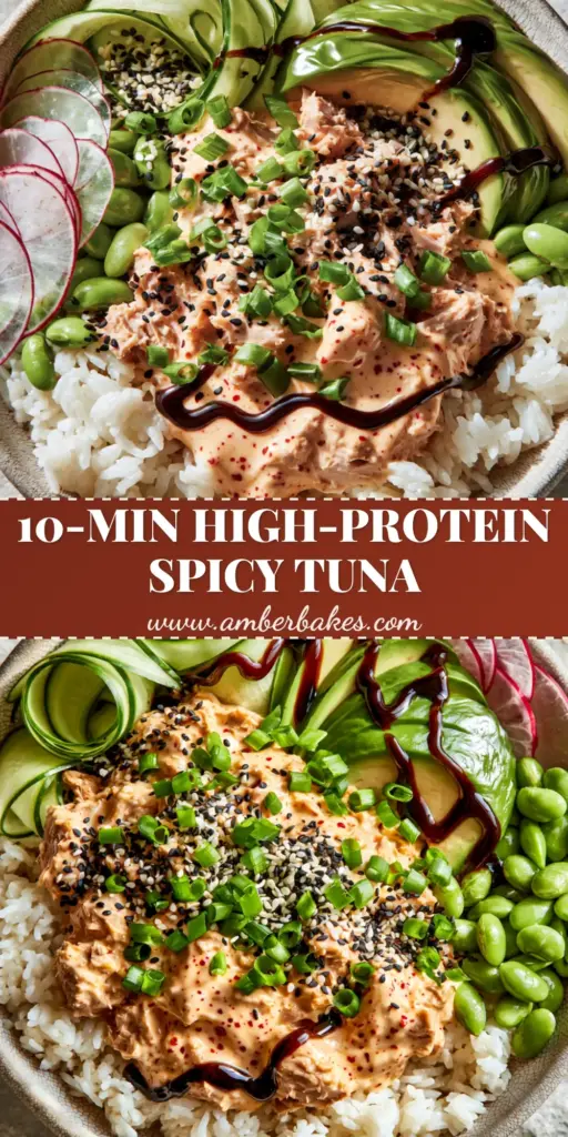 A high-angle shot of a Spicy Tuna Bowl featuring creamy sriracha tuna, cucumber ribbons, and avocado on jasmine rice. (Spicy Tuna Bowls)