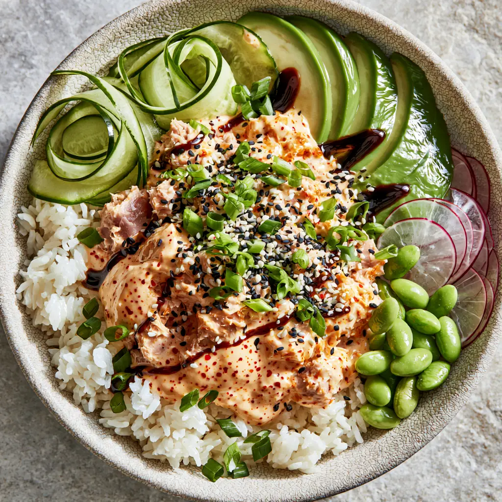 A top-down view of Spicy Tuna Bowls with translucent radishes, edamame, and a zig-zag unagi sauce drizzle.