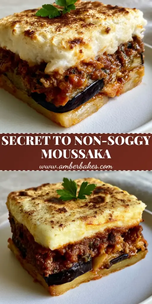 A thick square slice of Greek moussaka on a white plate showing layers of potato, roasted eggplant, and a thick Béchamel crown. (Greek moussaka recipe)