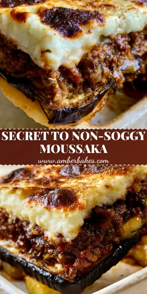 A thick, vertical slice of Eggplant Moussaka being lifted from a ceramic dish, showing the two-inch bubbly bechamel top and mahogany meat sauce layers.