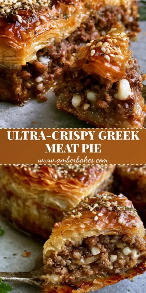A vertical photo of a sliced Greek Kreatopita meat pie being lifted with a server, showing the golden phyllo and juicy meat filling. (Greek kreatopita recipe)