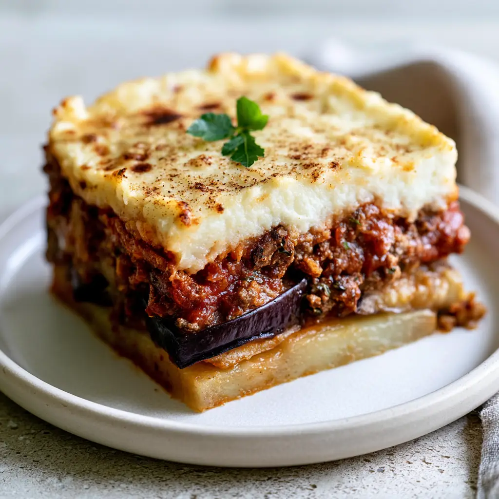 A close up of the velvety white Béchamel topping with toasted spots and nutmeg dusting on a Greek moussaka slice.