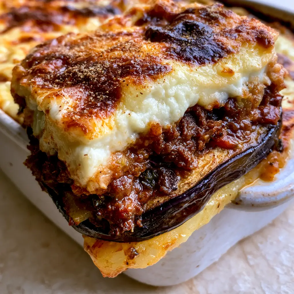 Visual layers of Eggplant Moussaka showing charred eggplant slices, golden potatoes, and dark mahogany meat sauce.